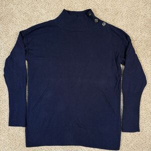 Talbots Mock Neck Sweater Navy Knit Large Button Shoulder Classic Chic Preppy